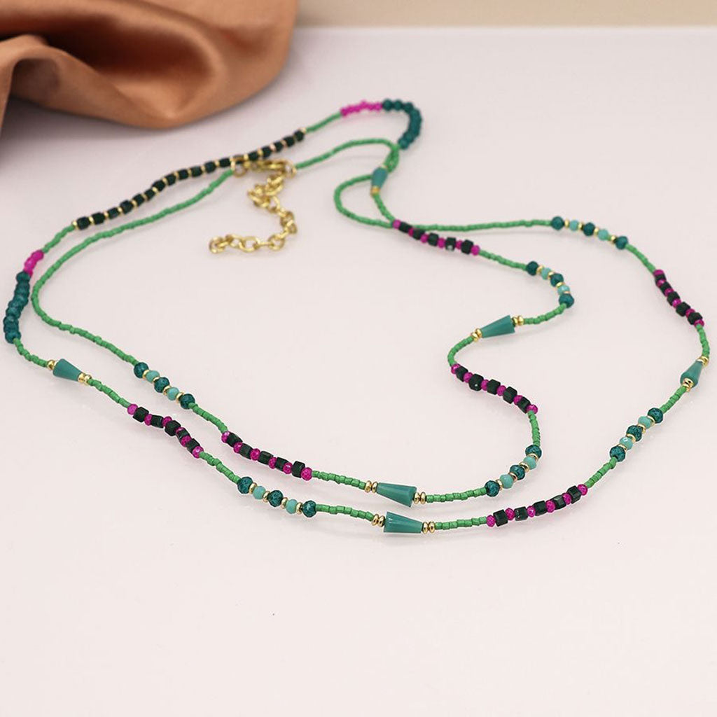 Long Boho Bead Necklace In Cerise And Green