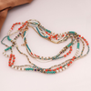 Coral, Turquoise & Gold Coloured Beaded Multi Strand Boho Necklace