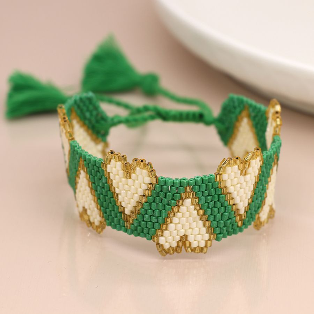 Green White Hearts Beaded Ribbon Bracelet