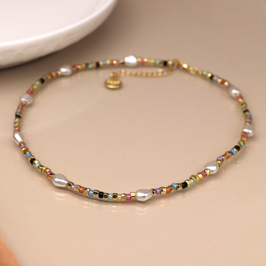 Multi Colour Gold Glass Bead And Freshwater Pearl Necklace