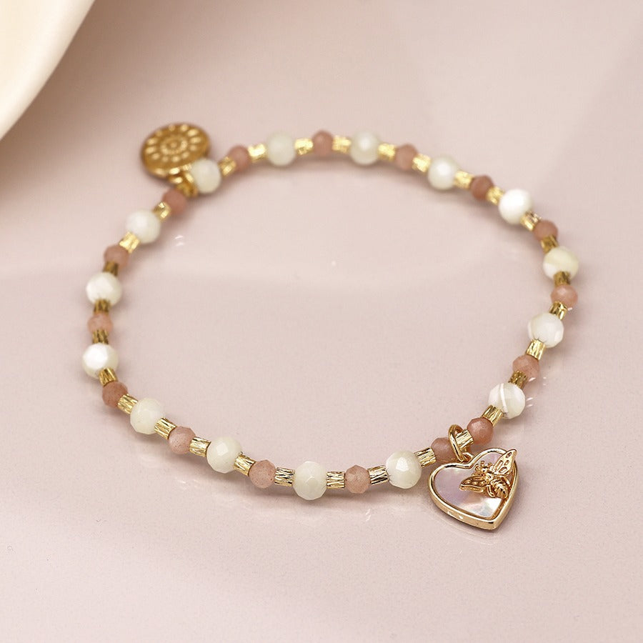 Semi Precious Pink White Stone Bracelet With Heart And Bee Charm