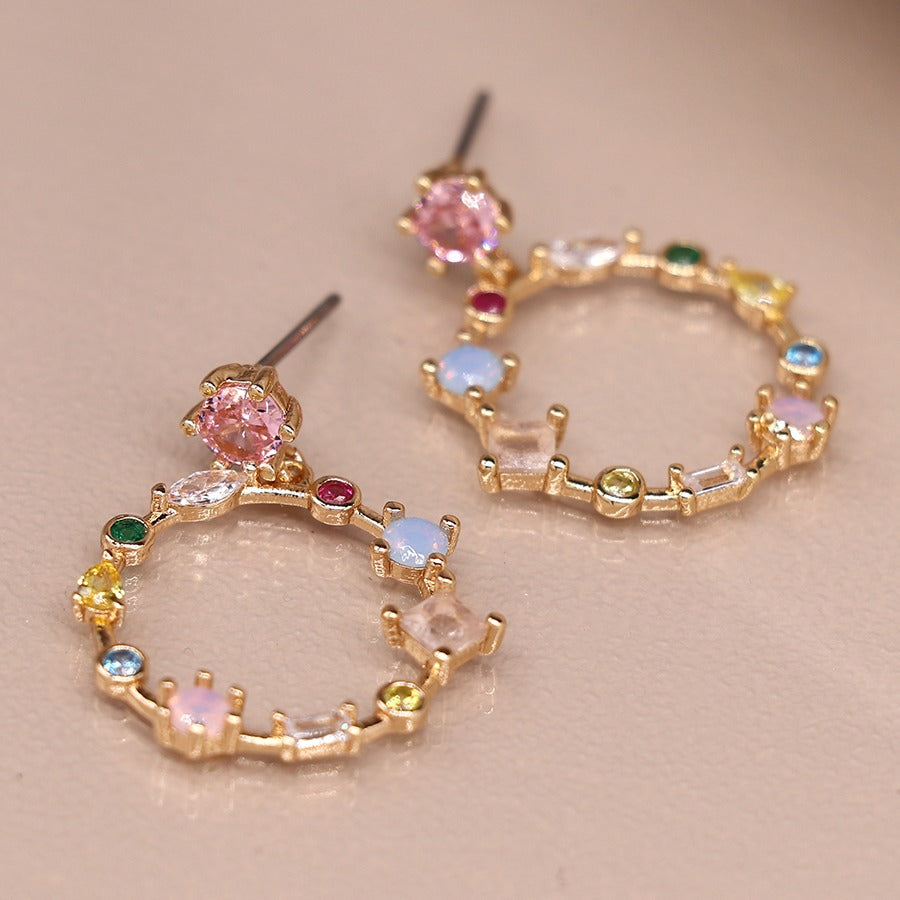 Multi Crystal Decorative Hoop Earrings In Faux Gold Plate