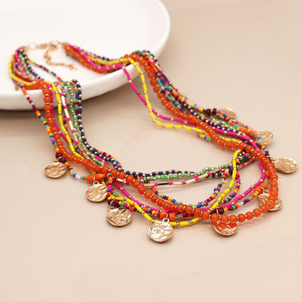 Multistrand Coloured Beaded Necklace With Gold Discs