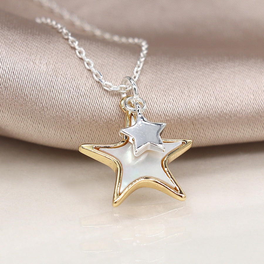 Faux Gold And Silver Plated Double Star Necklace With Shell Inlay