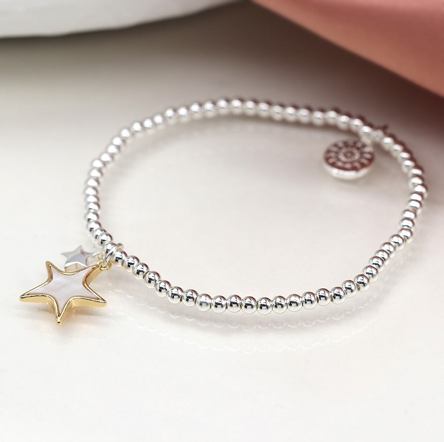 Faux Gold And Silver Plated Double Star Bracelet With Shell Inlay