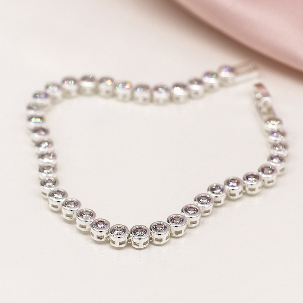 Silver Plated Round Cup Chain Crystal Bracelet With Fold-Over Clasp