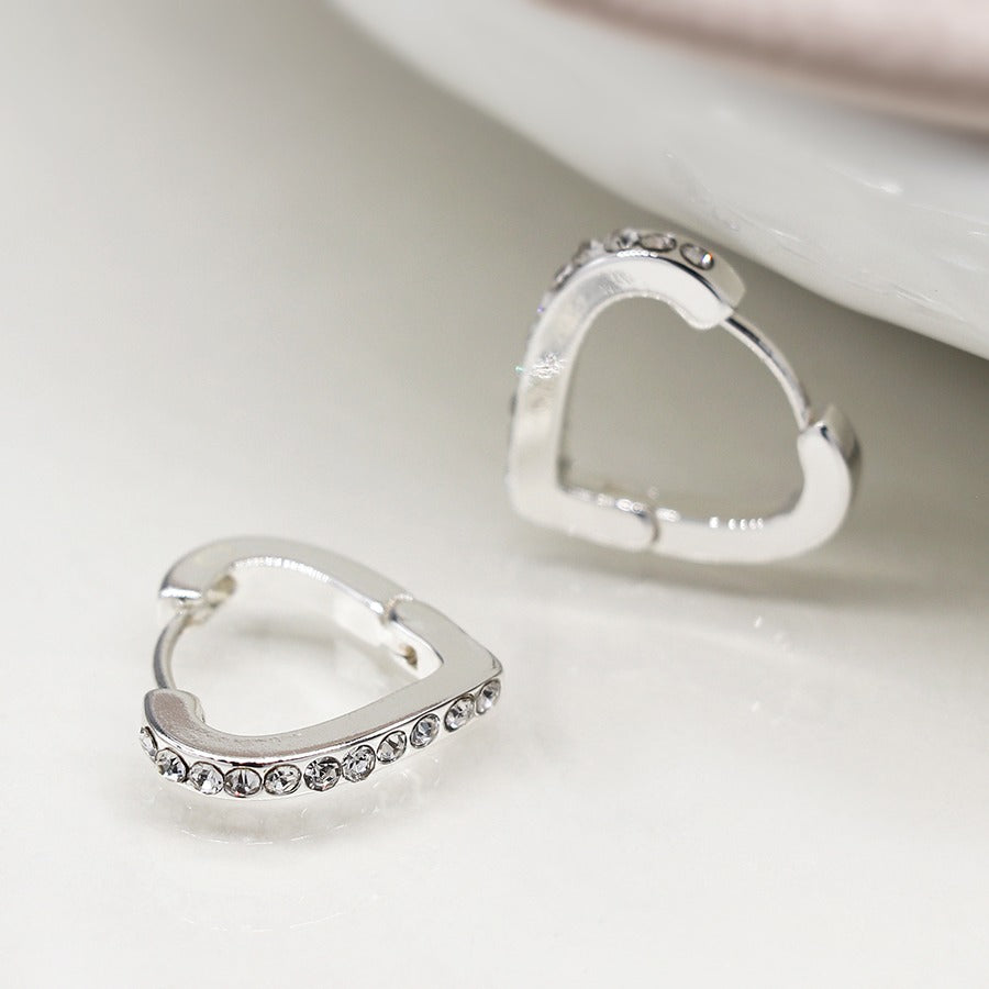 Silver Plated Crystal Edged Heart Shaped Hoop Earrings