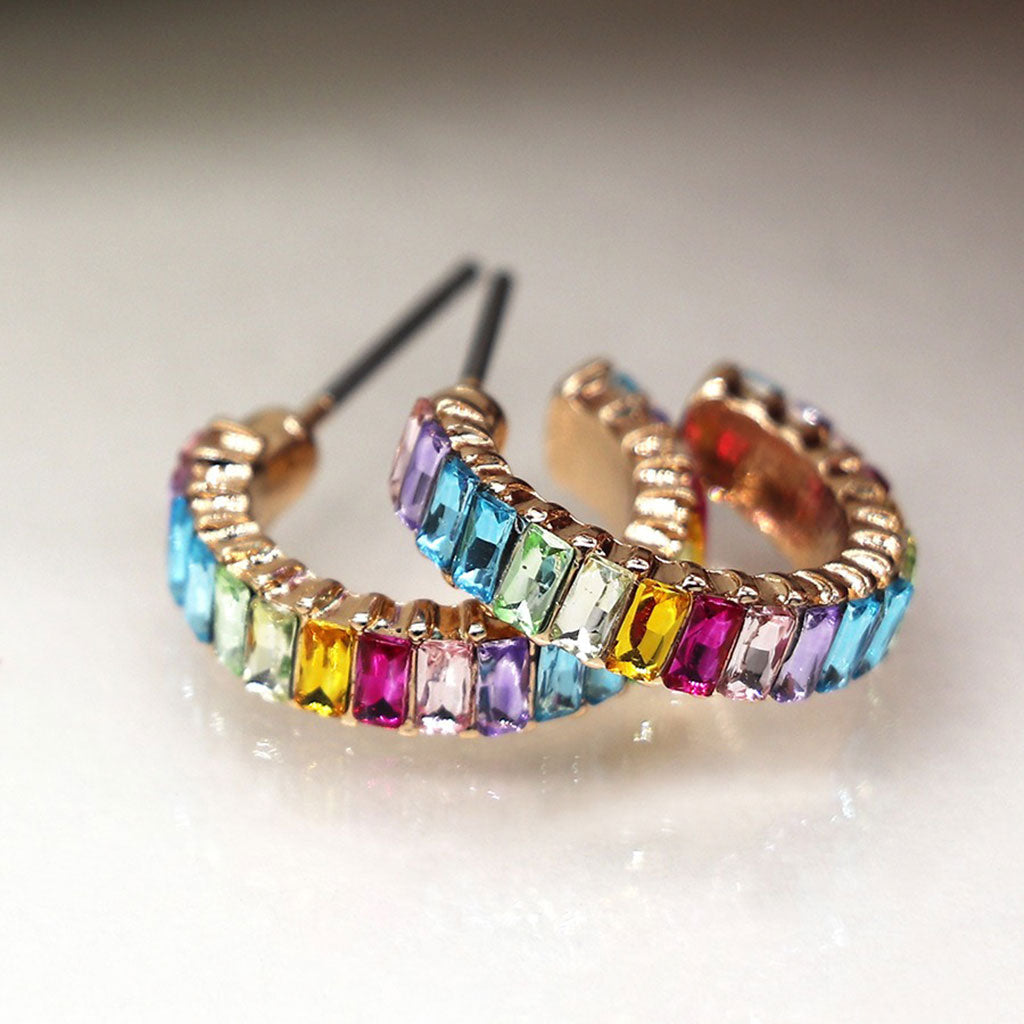 Faux Gold C Post Rainbow Oblong Crystals Hoop Earrings