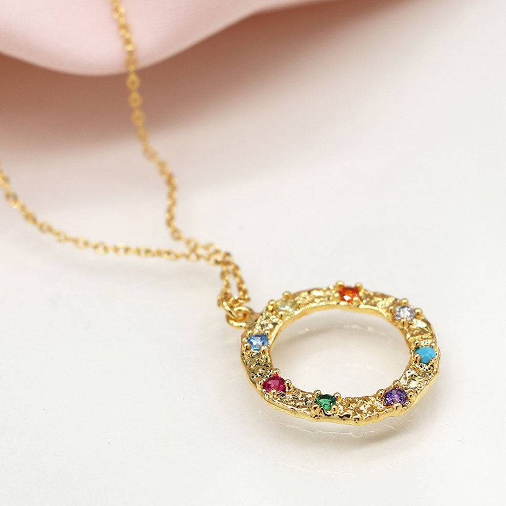 Faux Gold Textured Circle Necklace With Mixed Colour Crystals