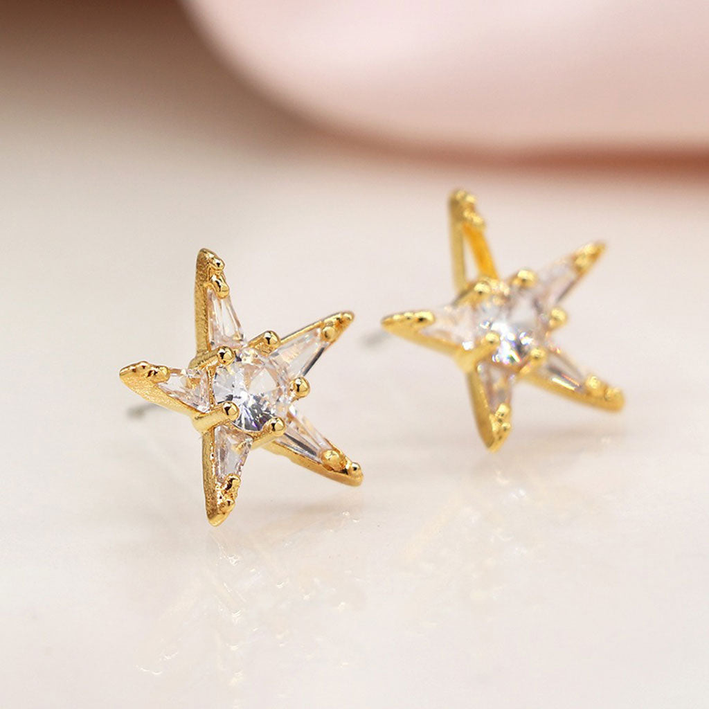 Faux Gold Five-Point Star Stud Earrings With Crystals