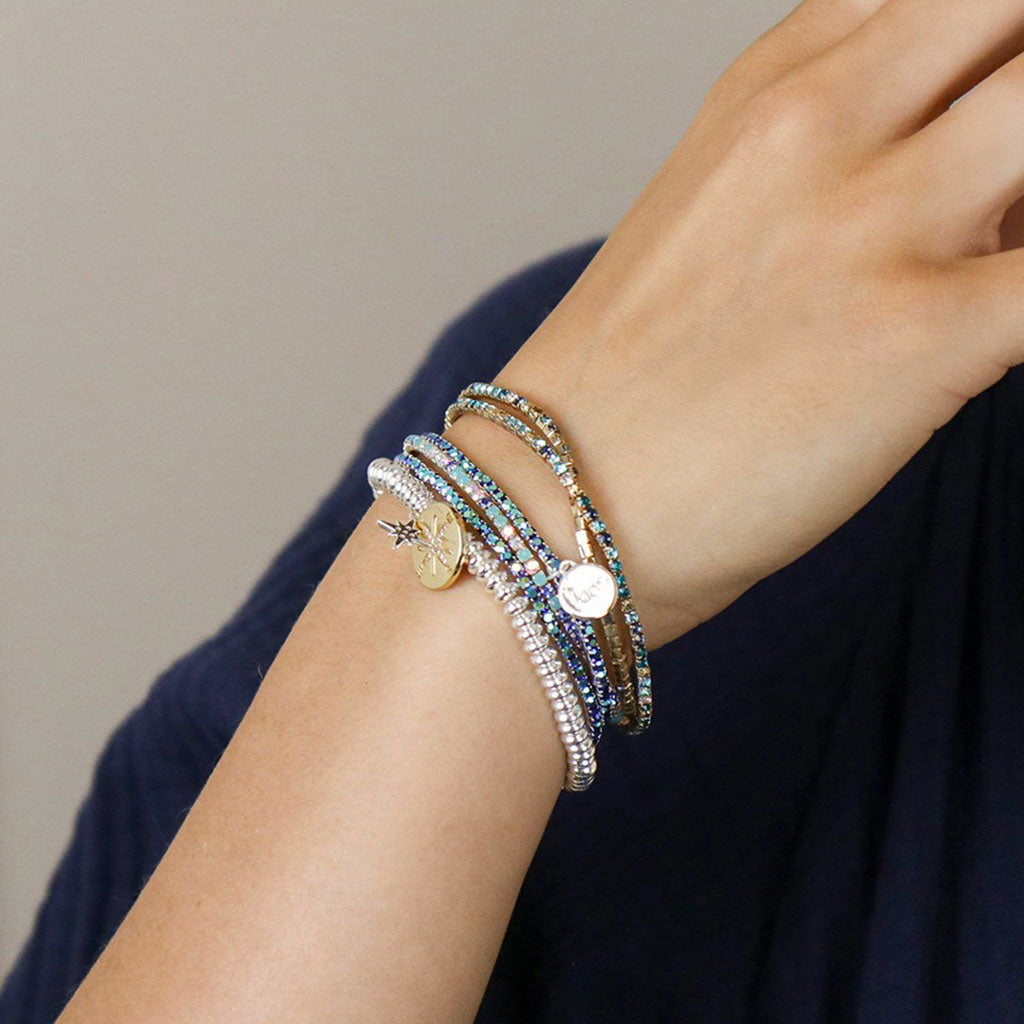 Silver Plated And Faux Gold Blue Mix Crystal Five Bracelet Stack