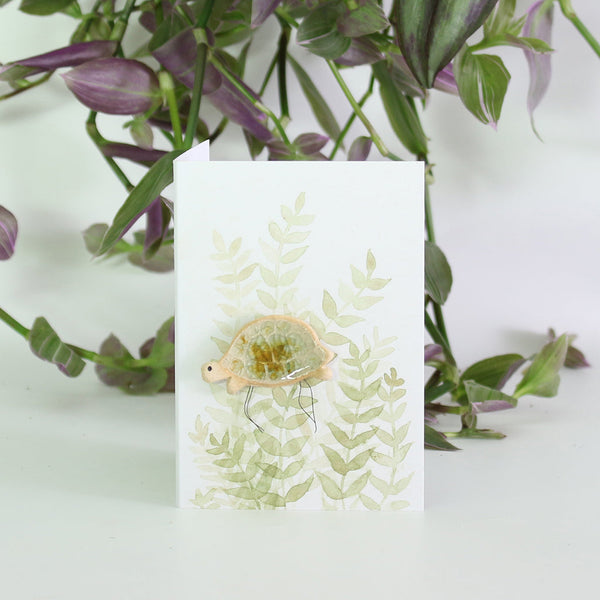 small ceramic and glass tortoise plant decoration, on gift card with watercolour leaves