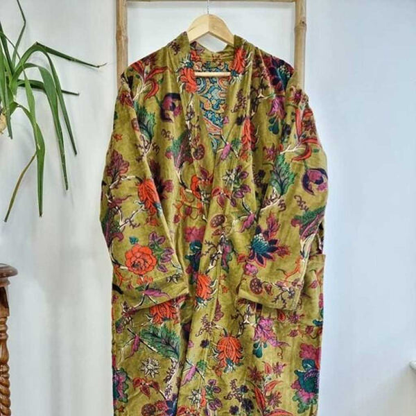 Luxury Velvet Long Robe Dressing Gown/Kimono With Silk Lining in Henna Green