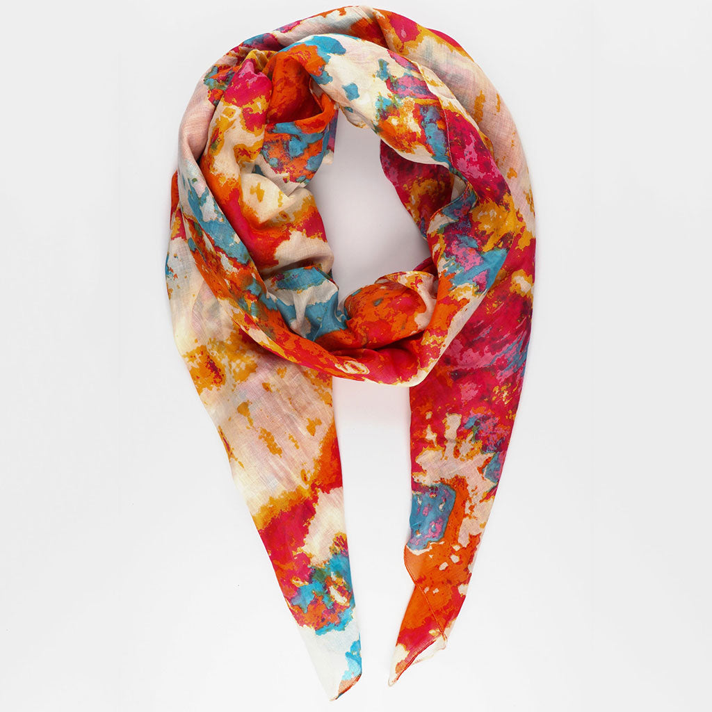 Watercolour Tie Dye Print Cotton Scarf In Pink Orange