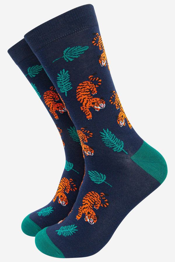 Men's Crouching Tiger Jungle Leaf Print Bamboo Socks