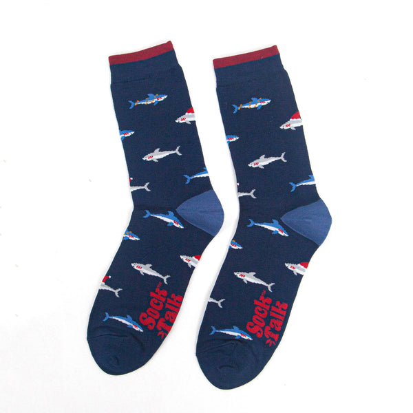 Men's Bamboo Socks - Navy Blue, Christmas Shark