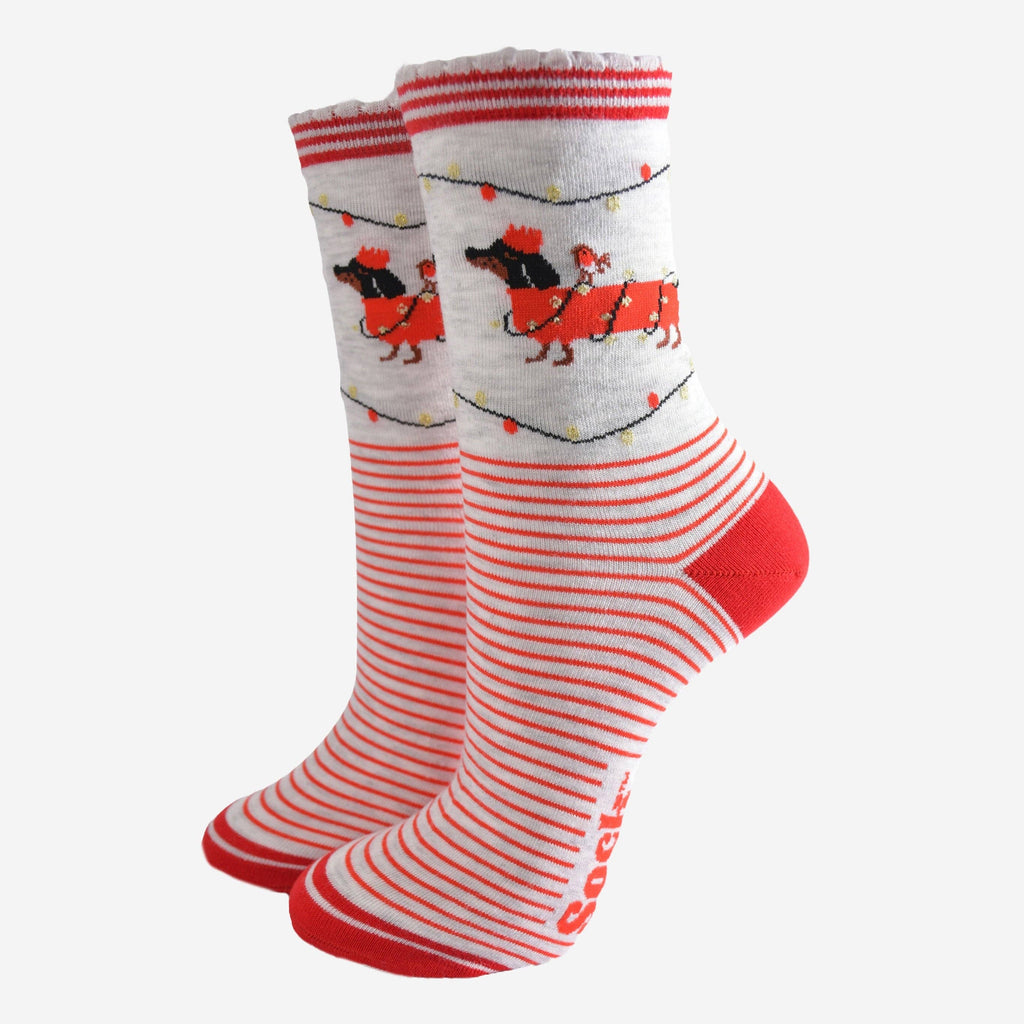 Women's Bamboo Socks - Grey/Red, Sausage Dog Party