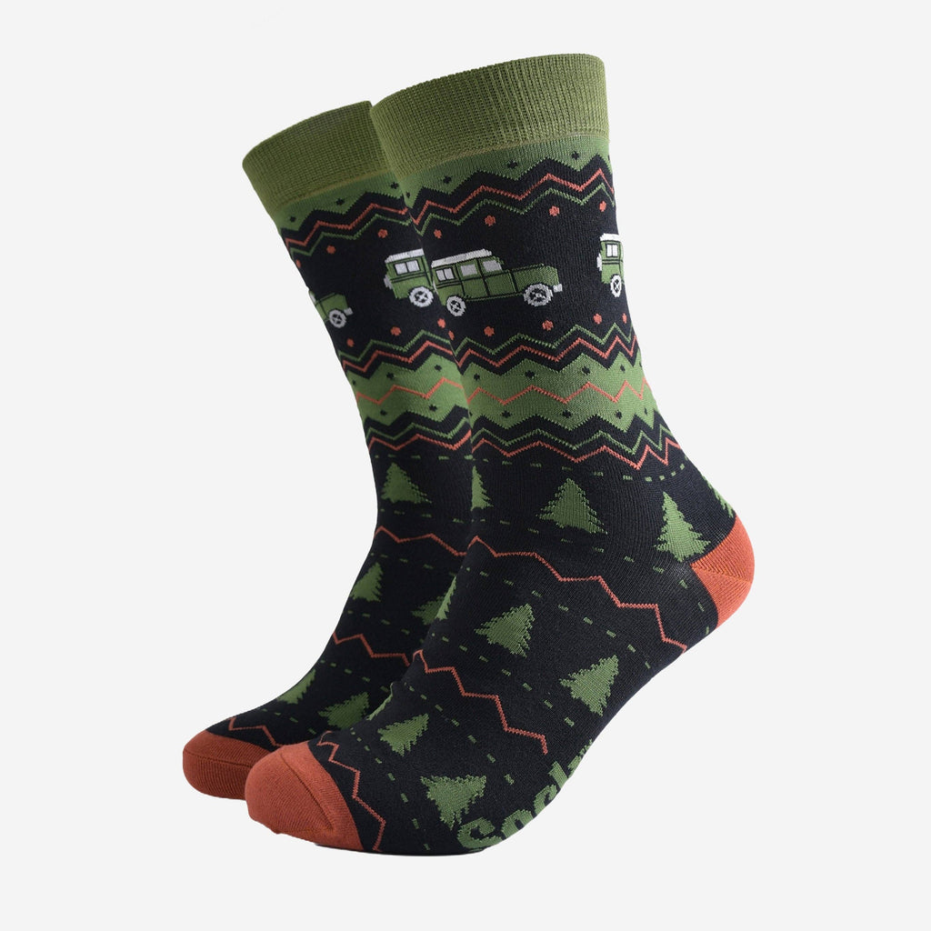 Men's Bamboo Socks - Black/Green, Off Roader Fair Isle