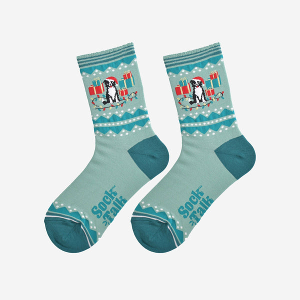 Women's Bamboo Socks - Mint Green, Christmas Border Collie