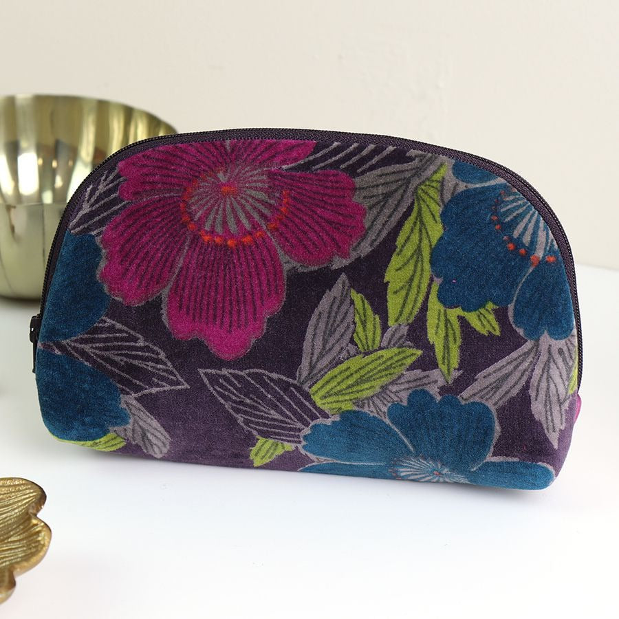 Teal And Plum Mix Printed Velvet Botanical Make-up Bag