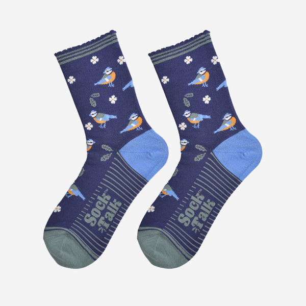 Women's Bamboo Socks - Navy Blue/Green, Blue Tit Woodland