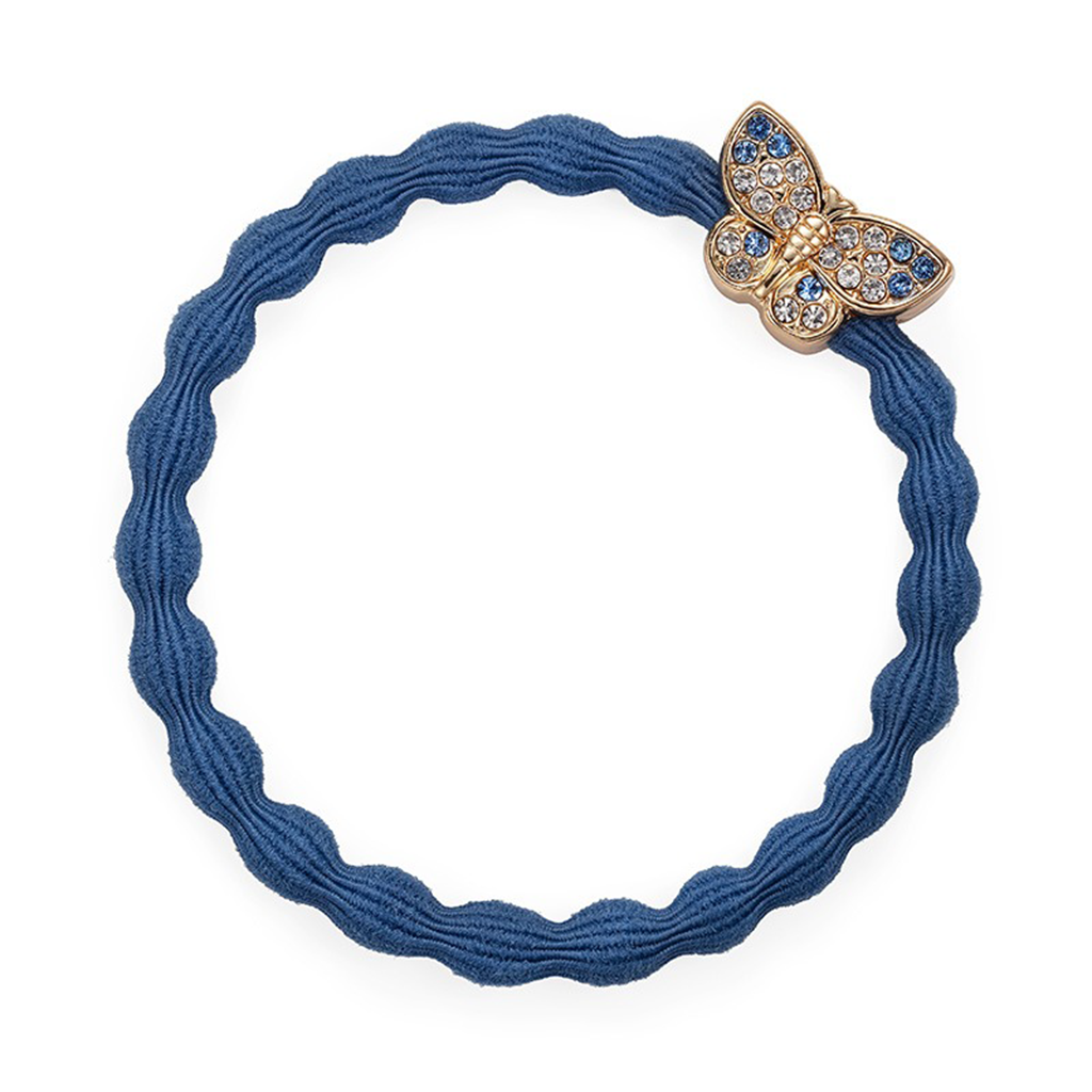 Bling  Gold Butterfly On Dove Blue Elastic Bangle Band