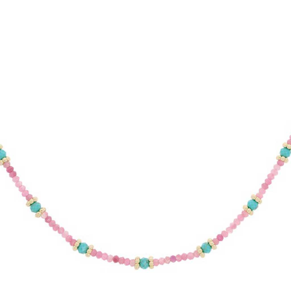 Syros Pink Tourmaline Turquoise Beaded Gold Necklace