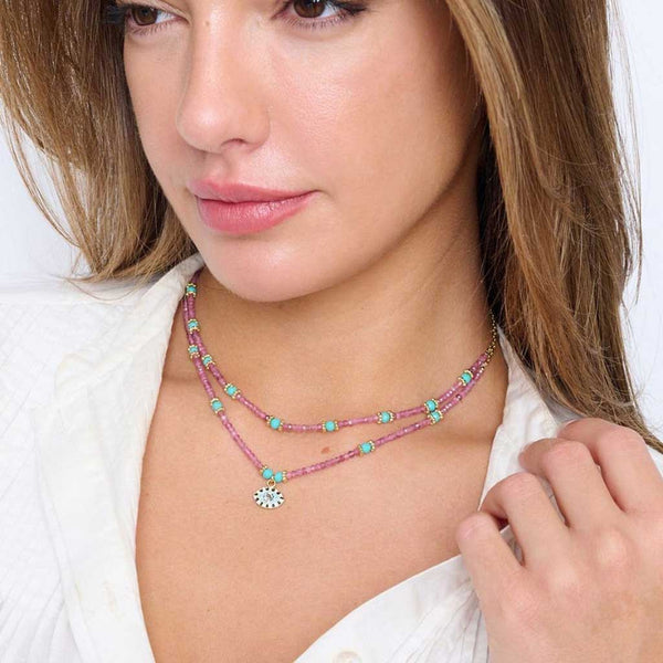 Syros Pink Tourmaline Turquoise Beaded Gold Necklace