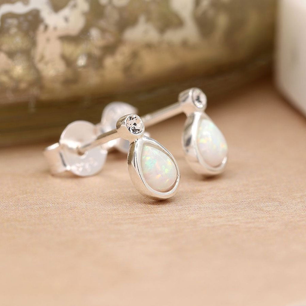 Sterling Silver Cz/Synth Opal Teardrop Studs