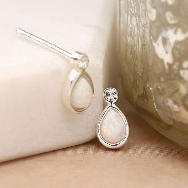 Sterling Silver Cz/Synth Opal Teardrop Studs