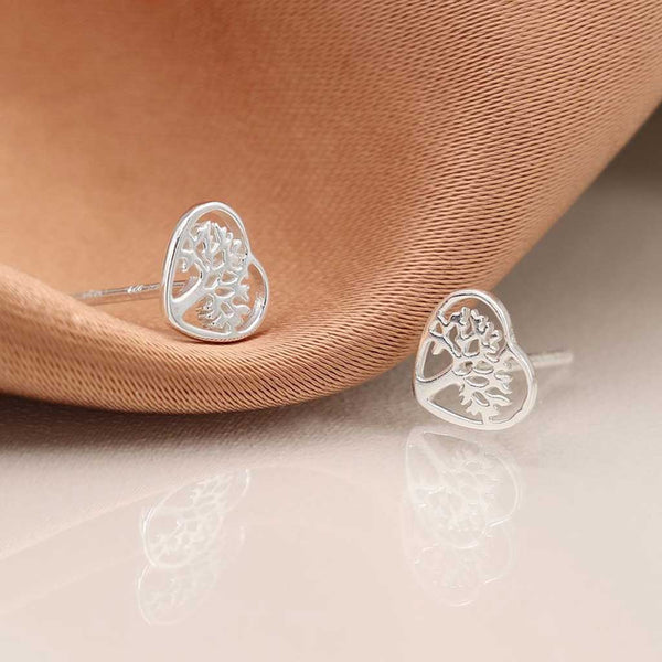 Sterling Silver Tree Of Life Heart Stud Earrings