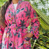 Luxury Velvet Long Robe Dressing Gown/Kimono With Silk Lining In Hot Pink Jungle Safari