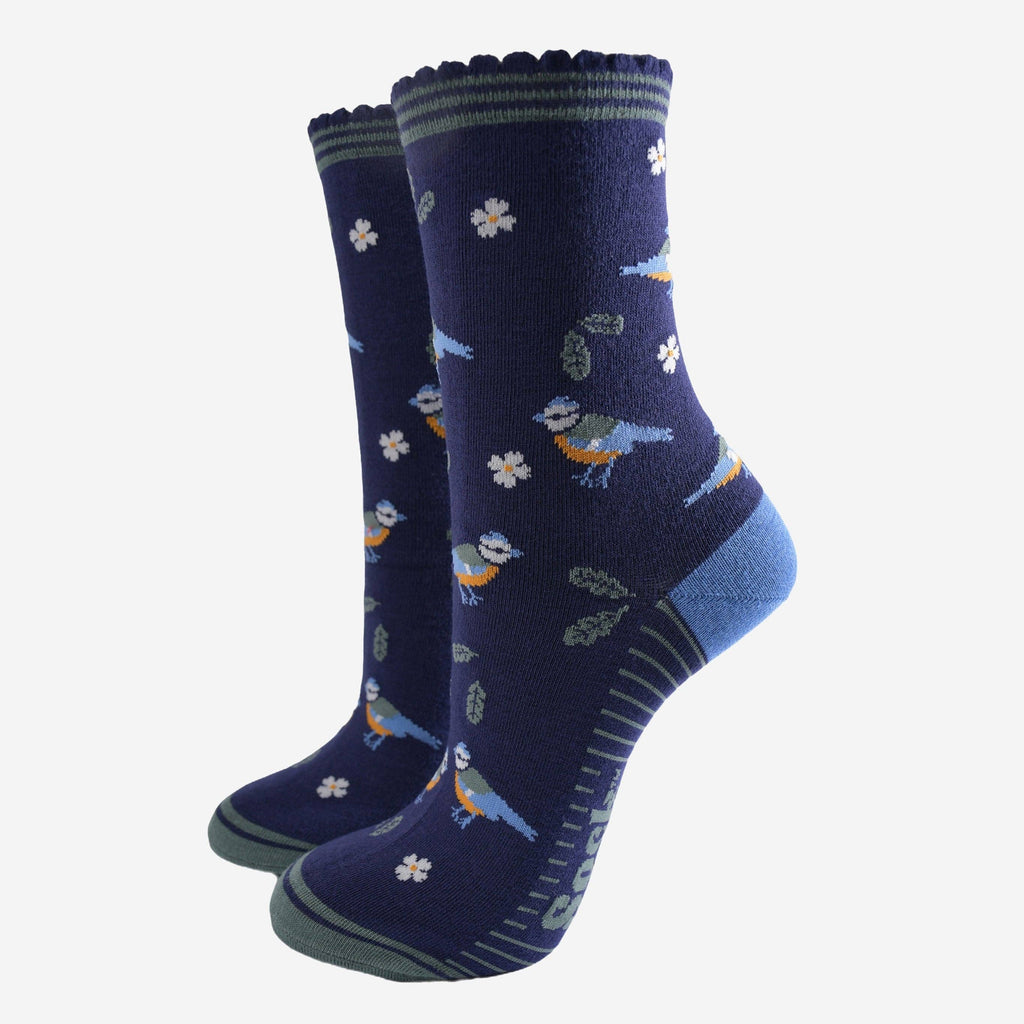 Women's Bamboo Socks - Navy Blue/Green, Blue Tit Woodland