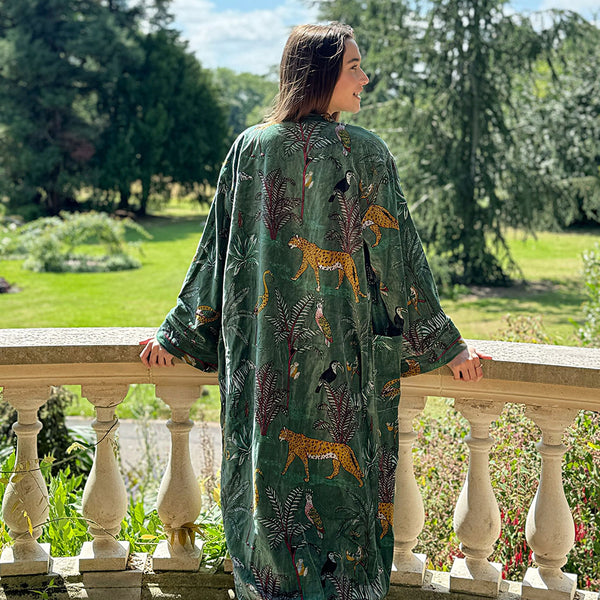 Luxury Velvet Long Robe Dressing Gown/Kimono With Silk Lining In Moss Green