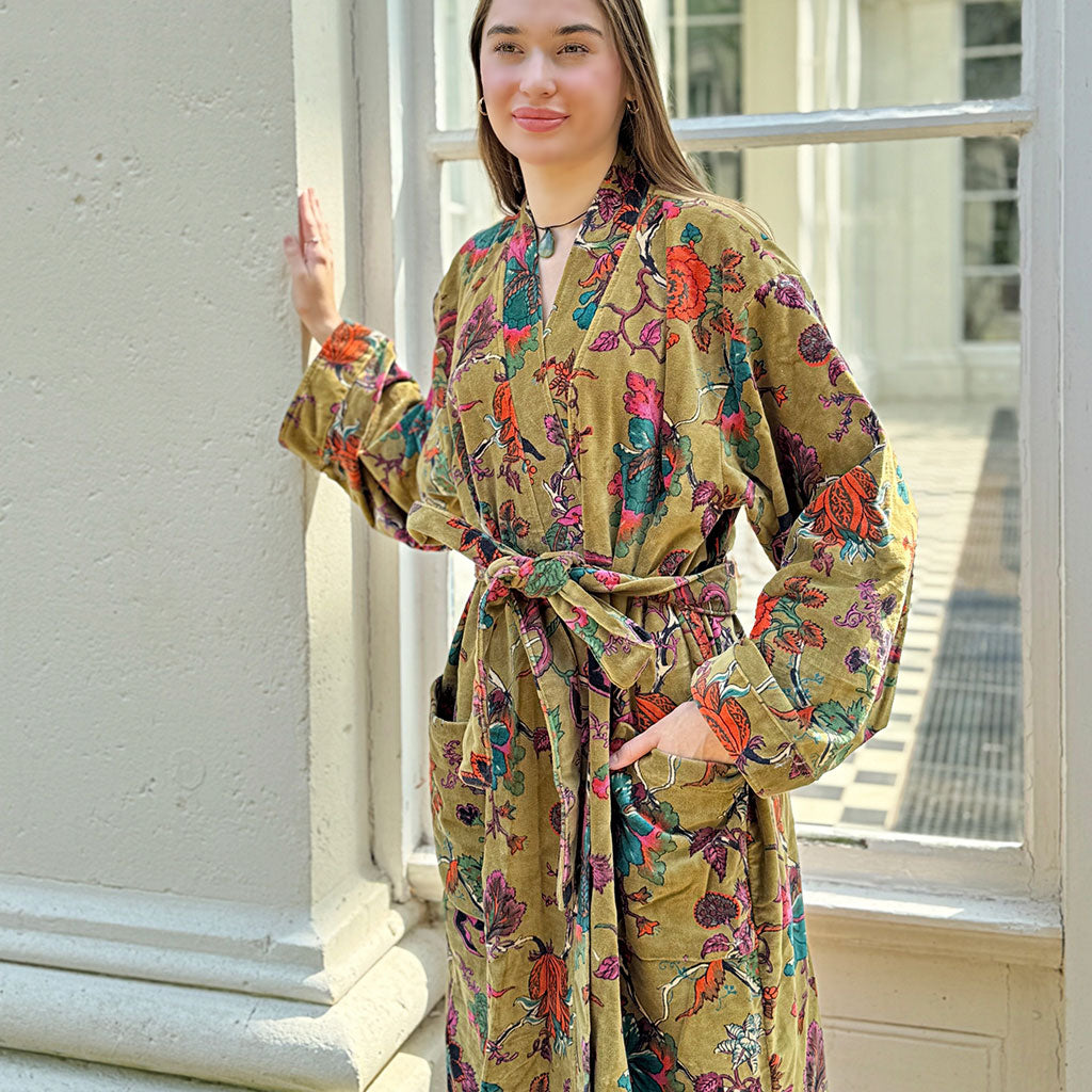 Luxury Velvet Long Robe Dressing Gown/Kimono With Silk Lining in Henna Green