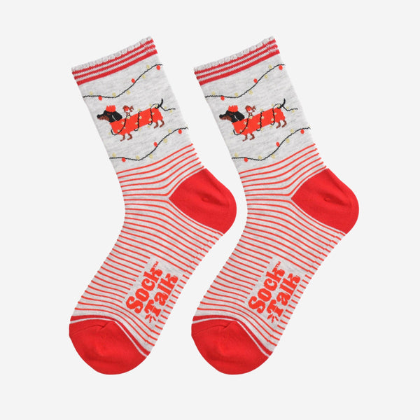 Women's Bamboo Socks - Grey/Red, Sausage Dog Party