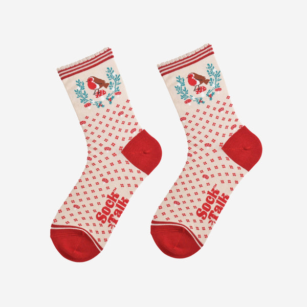 Women's Bamboo Socks - Cream/Red, Christmas Robin Wreath