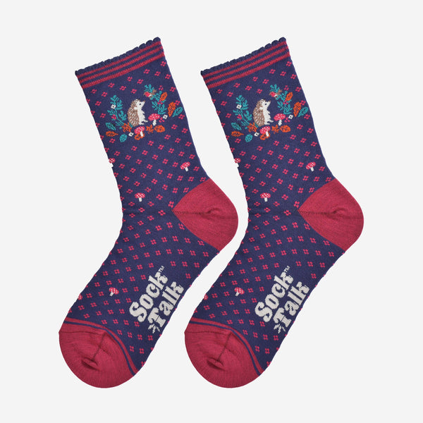 Women's Bamboo Socks - Navy Blue/Burgundy, Hedgehog Wreath